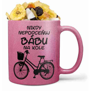 Hrnek Bába na kole (růžový) (Náplň hrníčku: Tropická směs)