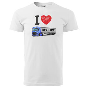 Pánské tričko Kamion – my Life (Velikost: XS, Barva trička: Bílá, Barva kamionu: Modrá)