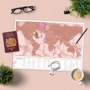 Cestovní stírací mapa světa - růžově zlatá